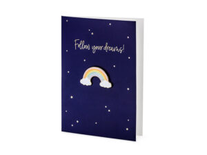 Karte “Follow your dremas!” mit Regenbogen Brosche 10,5×14,8cm