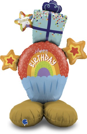 Stand-Up-Folienballon in Cupcake-Form mit „Happy Birthday“-Aufdruck, ca. 119 cm hoch, bunt.
